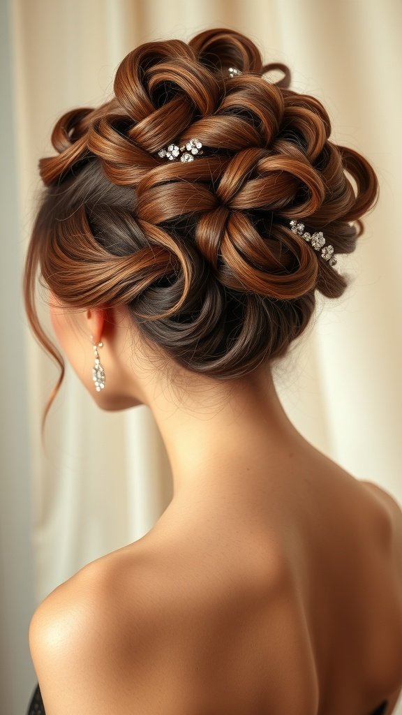 A beautiful voluminous curled updo hairstyle with hair accessories.
