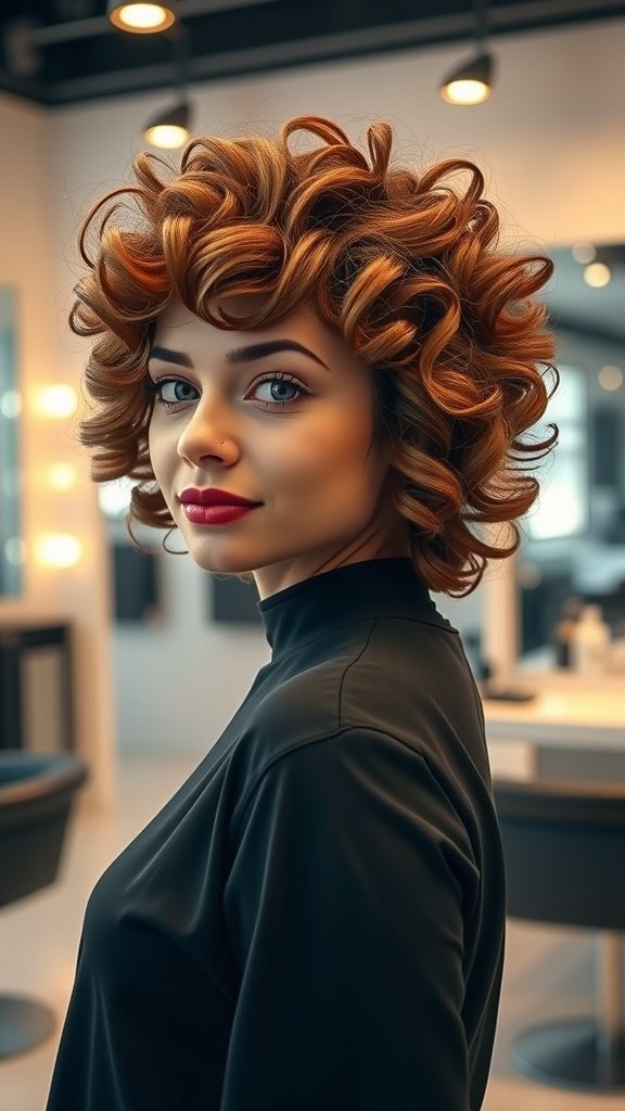 A woman with voluminous curly bixie hairstyle in chestnut color, showcasing bouncy curls and a stylish look.