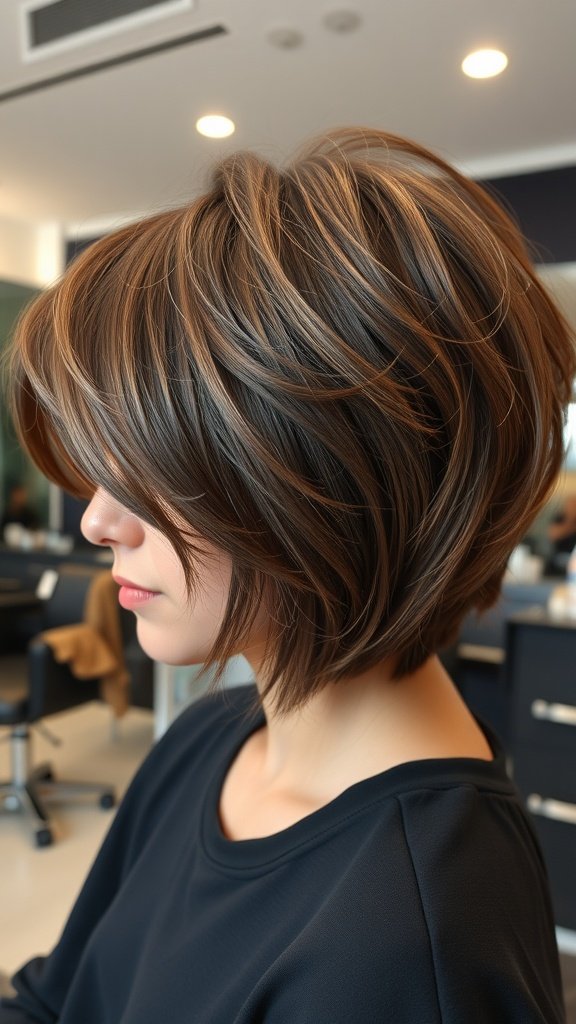 A woman with voluminous shag hairstyle featuring round layers, showcasing a stylish and modern look.