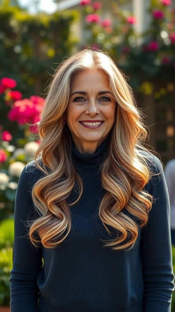 A woman with long, wavy hair styled in blended layers, smiling in a garden setting.
