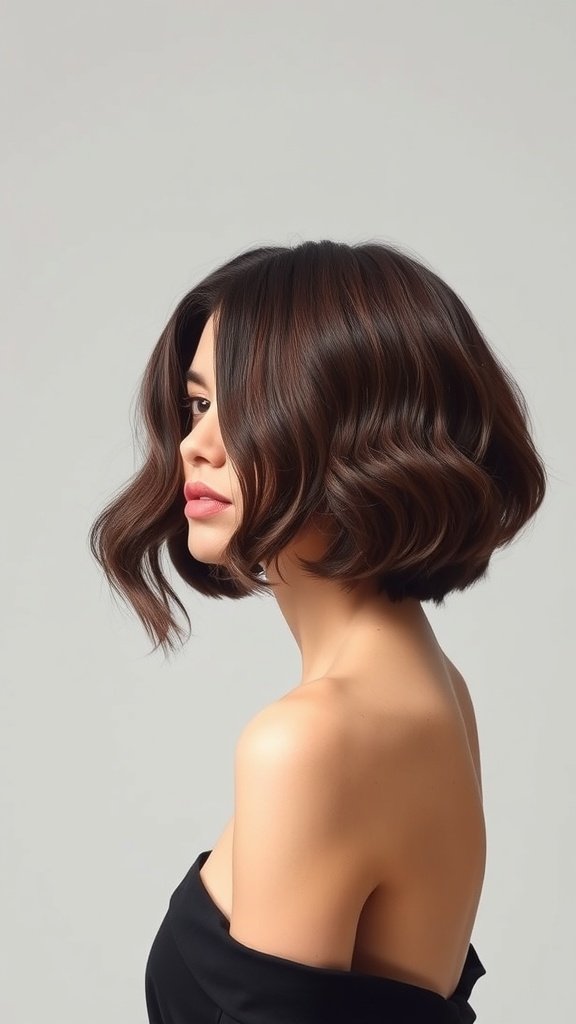 A woman with a wavy slicked back bob hairstyle, showcasing soft waves and a polished look.