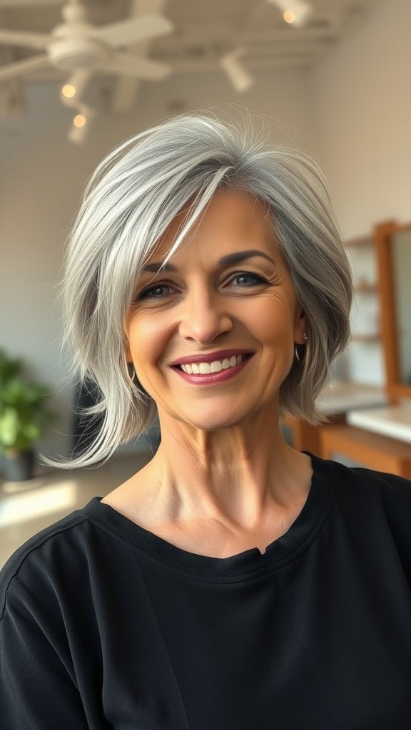 A woman with a wispy layered cut and side fringe, smiling confidently.