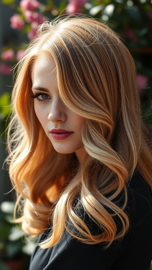 A woman with Antique Rose Blonde hair styled in soft waves, surrounded by flowers.