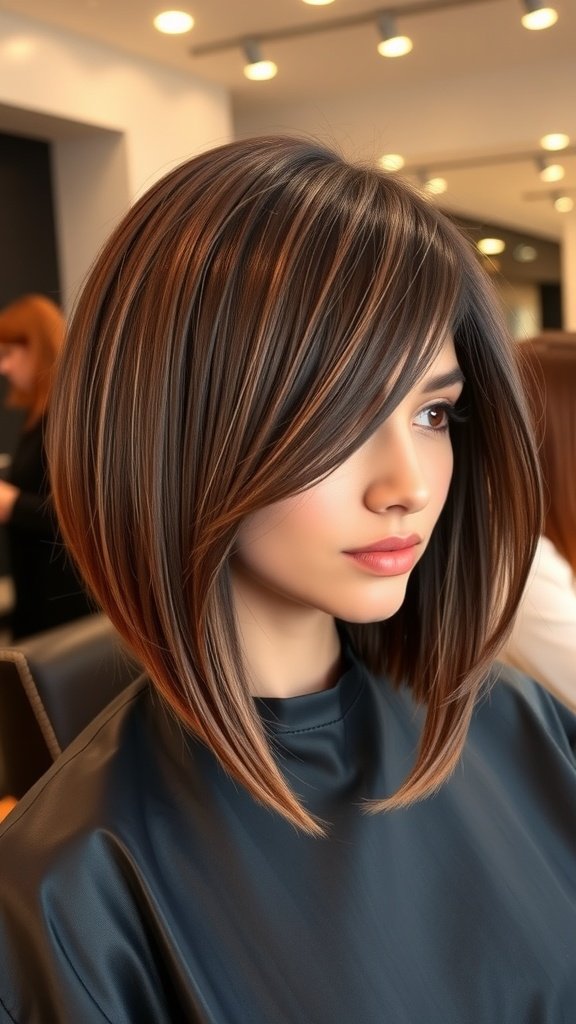 A woman with an asymmetrical bob hairstyle featuring long front pieces, showcasing a stylish and modern look.