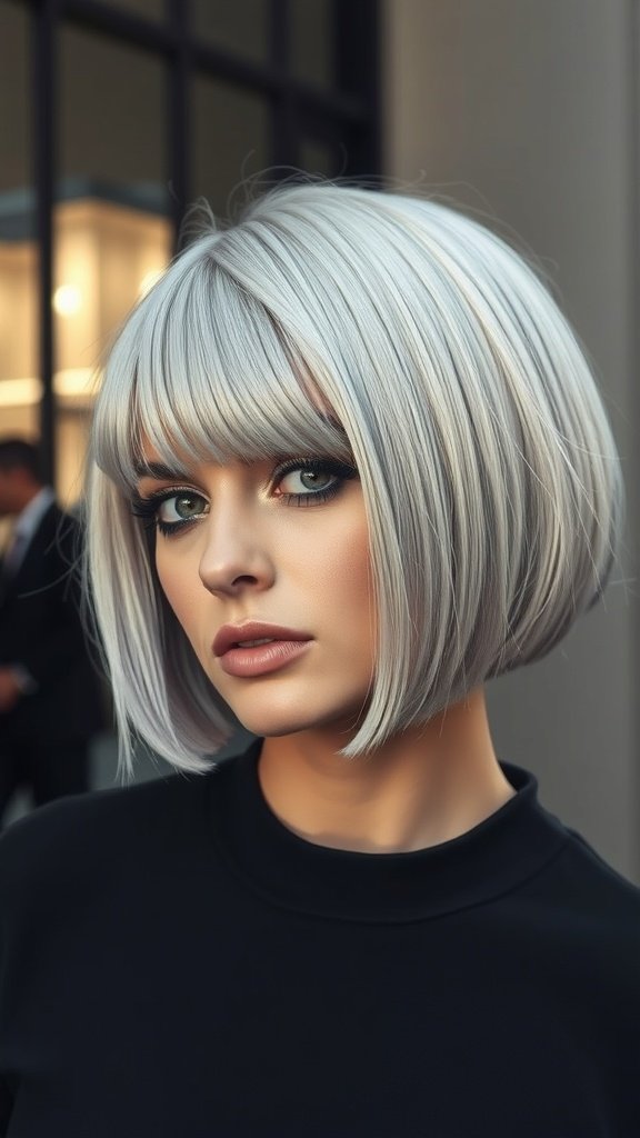 A woman with a blunt-cut silver bob hairstyle, showcasing a modern and stylish look.