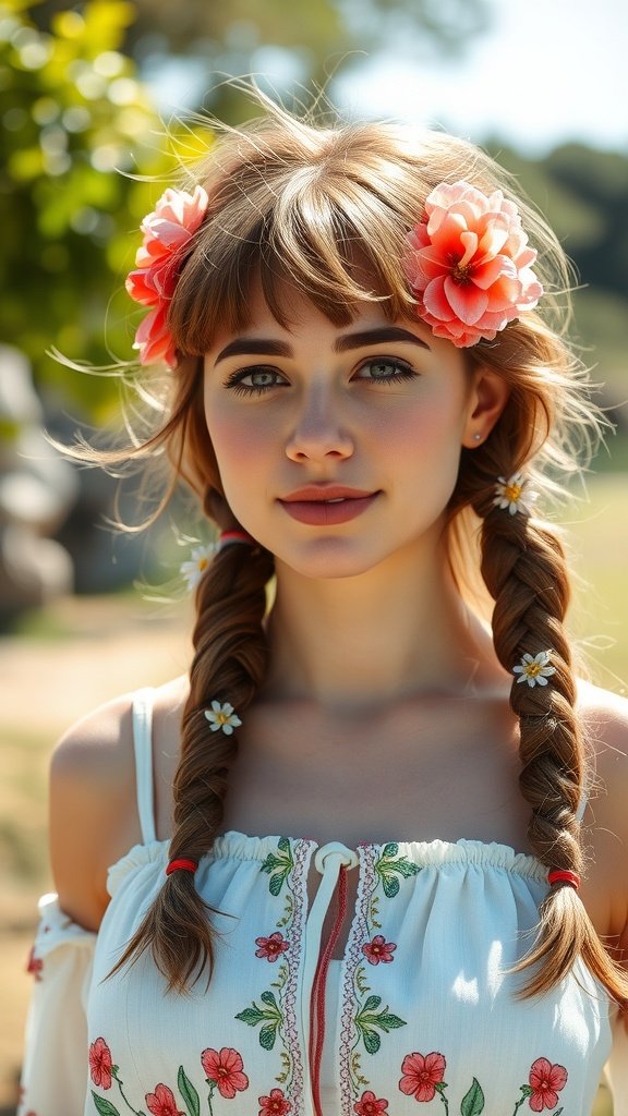A young woman with braided hair and wispy bangs, adorned with flowers, showcasing a bohemian hairstyle.