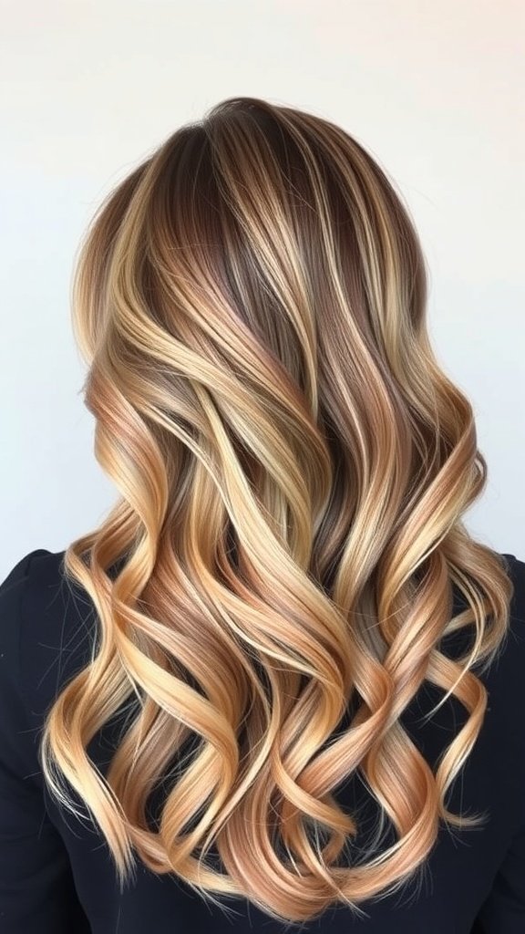 Caramel balayage hairstyle with ash blonde tips and soft waves