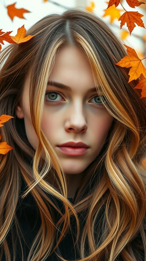 A close-up of a woman with caramel corn highlights surrounded by autumn leaves.