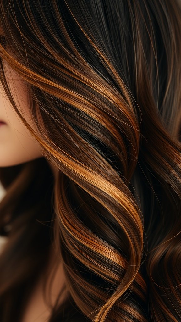 Close-up of mahogany brown hair with caramel highlights styled in soft waves.