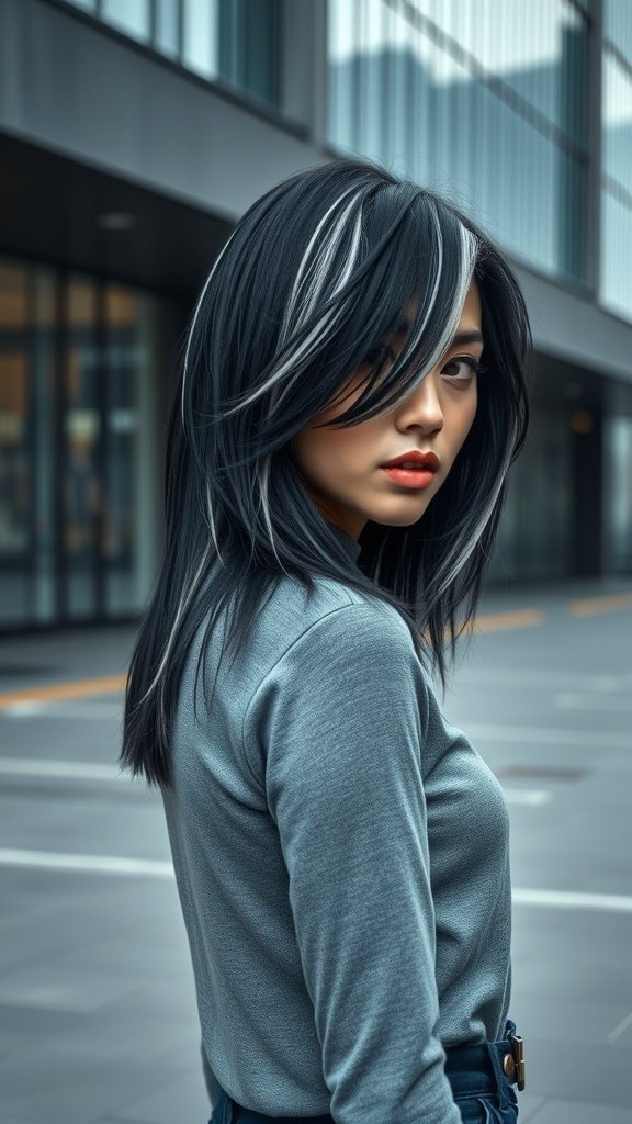 A woman with charcoal black hair and platinum blonde tips, showcasing a stylish and modern hairstyle.