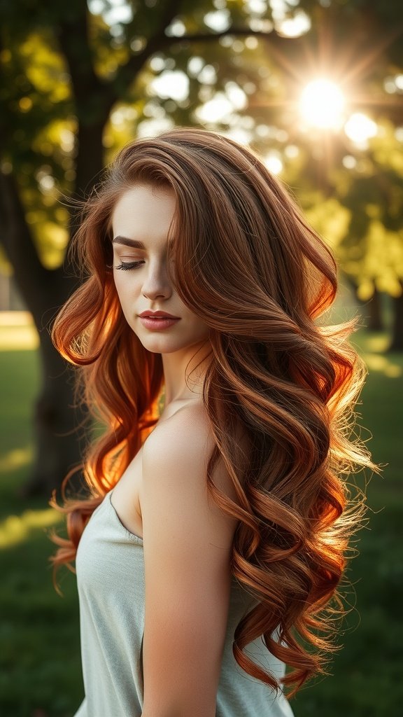A woman with cherry auburn waves, standing in a sunlit park, showcasing her beautiful hairstyle.