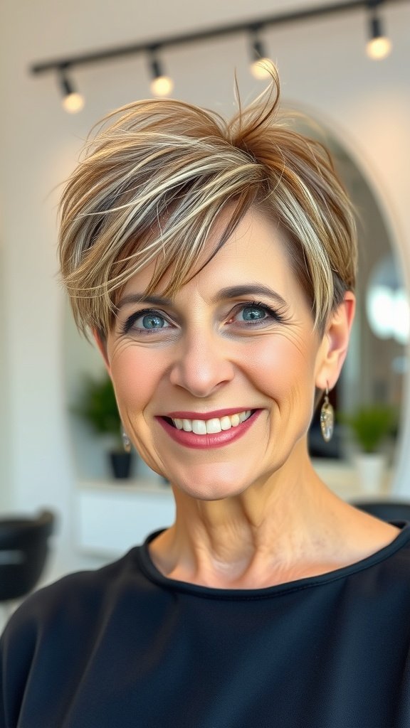 A woman with a choppy pixie haircut featuring wispy layers, smiling confidently.