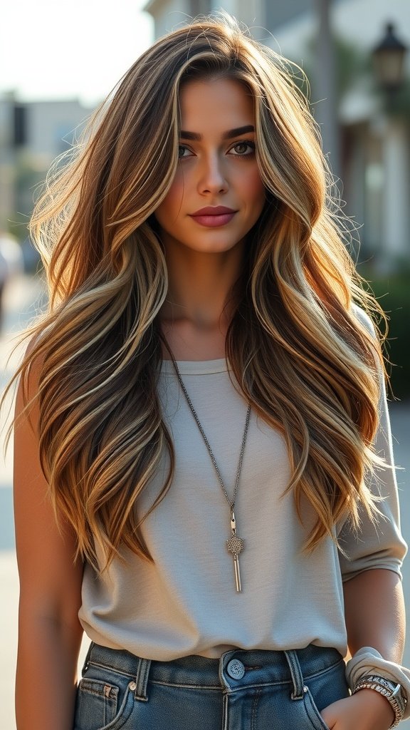 A woman with long, chunky layered hair featuring lowlights, styled casually outdoors.