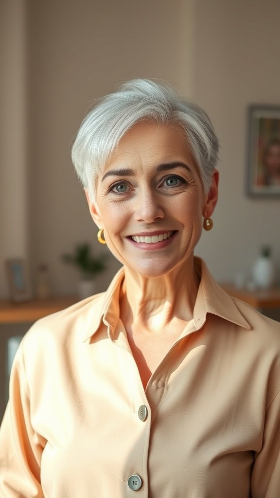 A woman over 70 with a Crown Lift Pixie hairstyle, smiling confidently.
