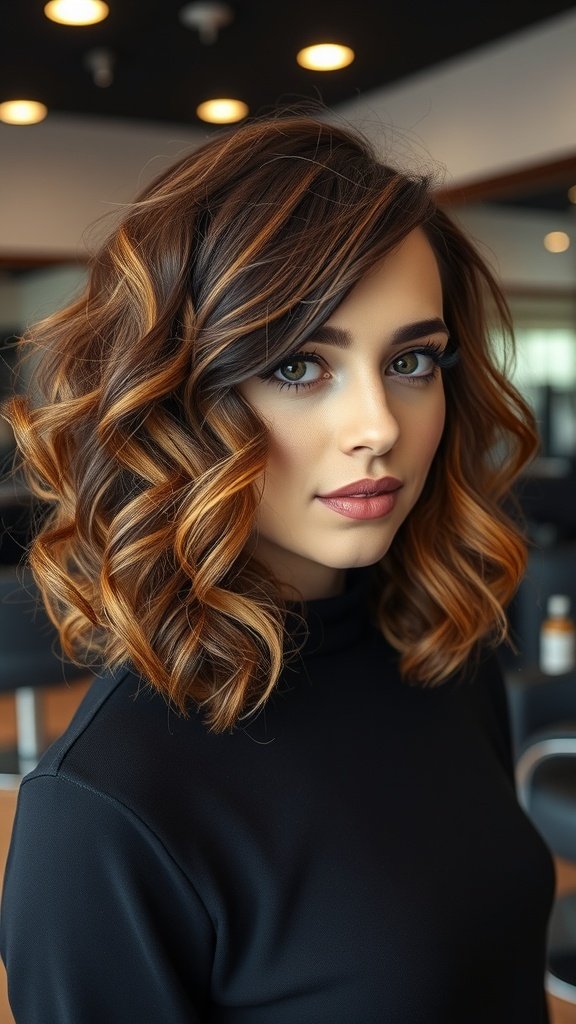 A woman with a curly A-line bob hairstyle featuring side-swept bangs, showcasing soft curls and a modern cut.