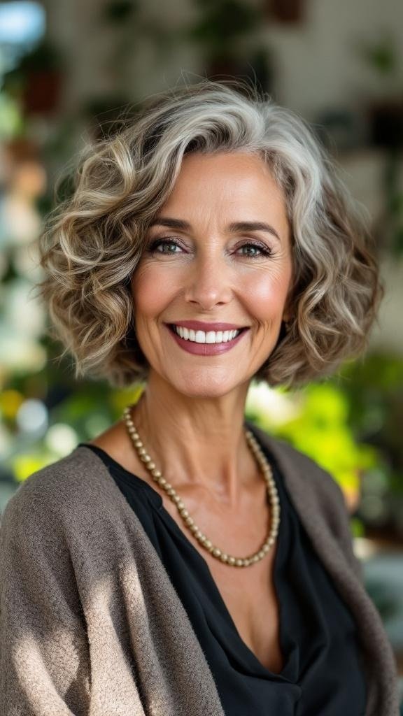 A woman over 60 with a curly bob hairstyle and a defined part, smiling confidently.