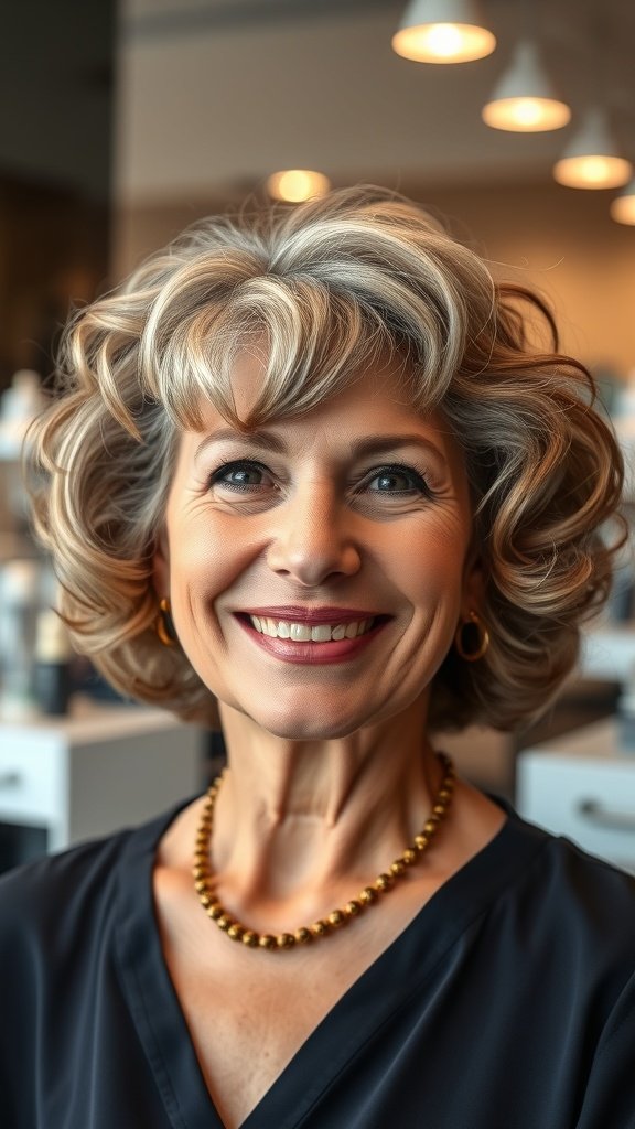 A smiling older woman with a curly bob hairstyle and delicate bangs, wearing a black top and gold necklace.