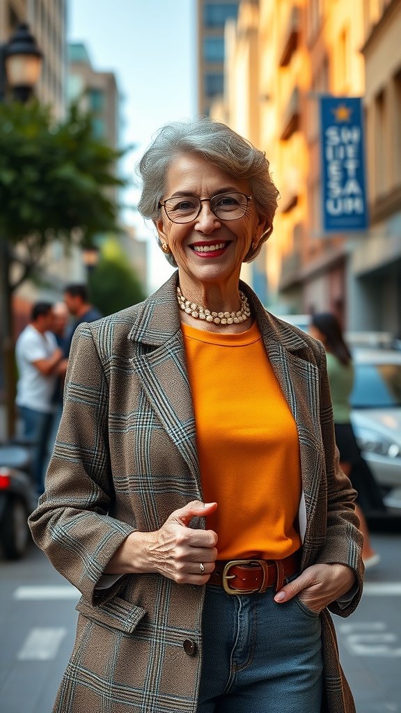 An older woman with a curly wedge haircut and side part, wearing an orange top and plaid blazer, smiling confidently in an urban setting.