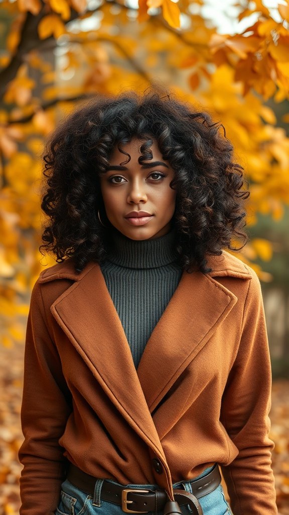 A woman with natural coily hair styled with curtain bangs, wearing a cozy outfit in an autumn setting.
