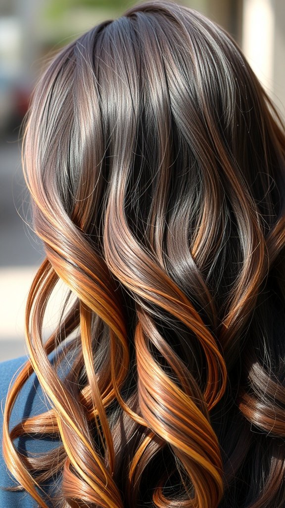 Dark brown hair with copper streaks styled in loose waves