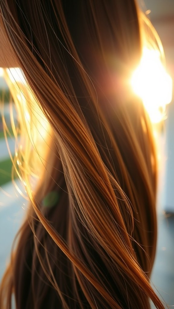 A close-up of deep brown hair with sun-kissed highlights, glowing in the sunlight.