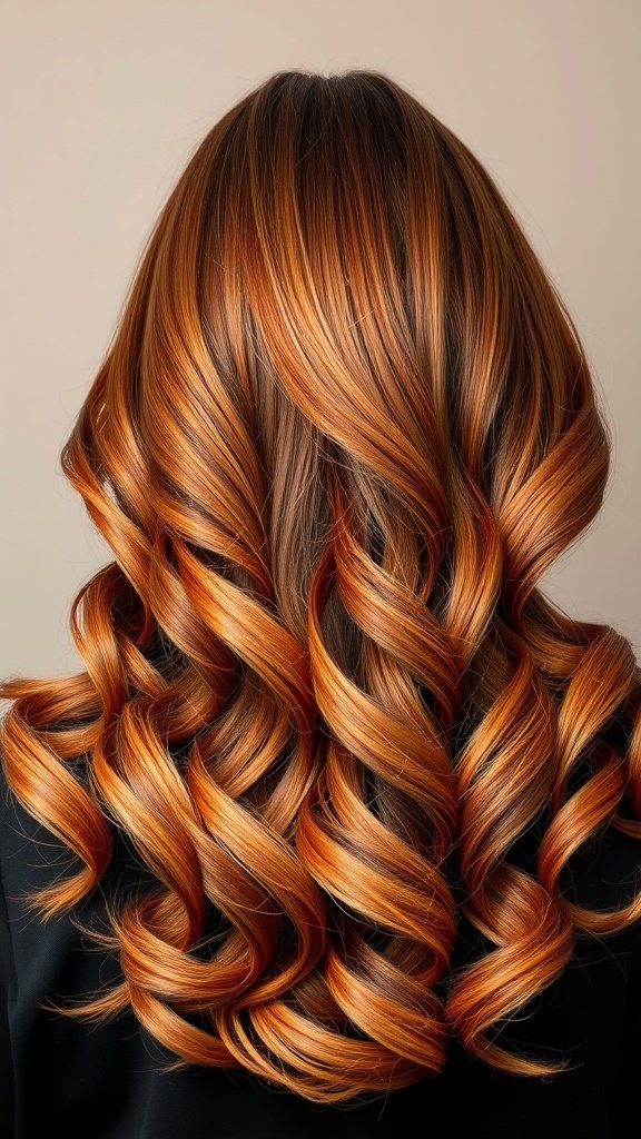 A back view of hair styled in dimensional copper waves, showcasing rich warm tones and soft curls.