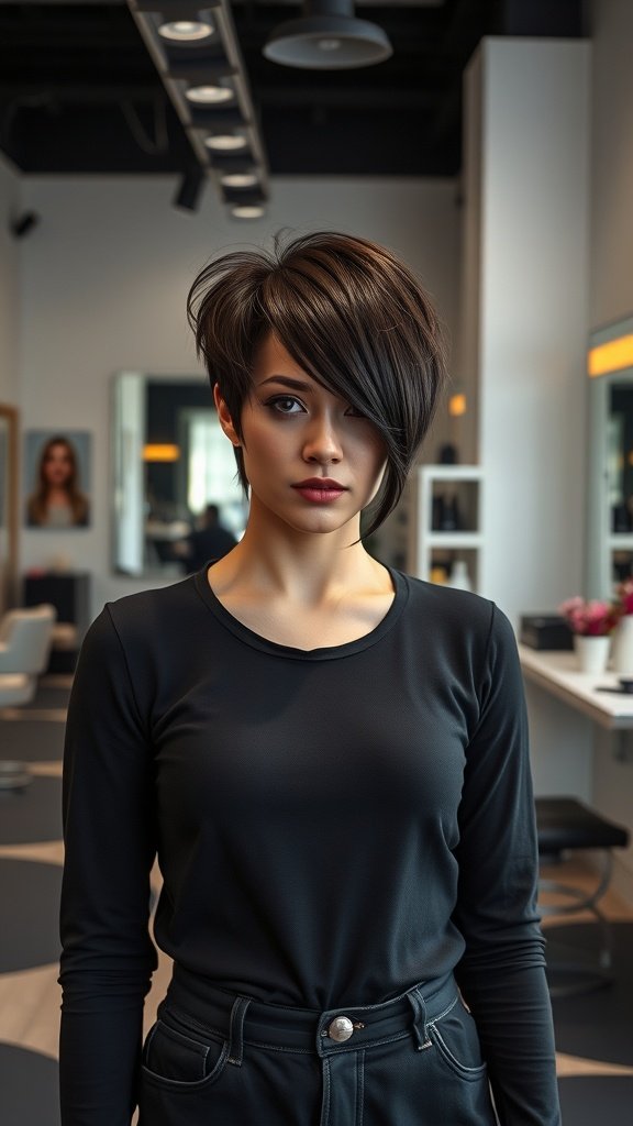 A woman with a dramatic A-line bixie haircut, showcasing a stylish and modern look.