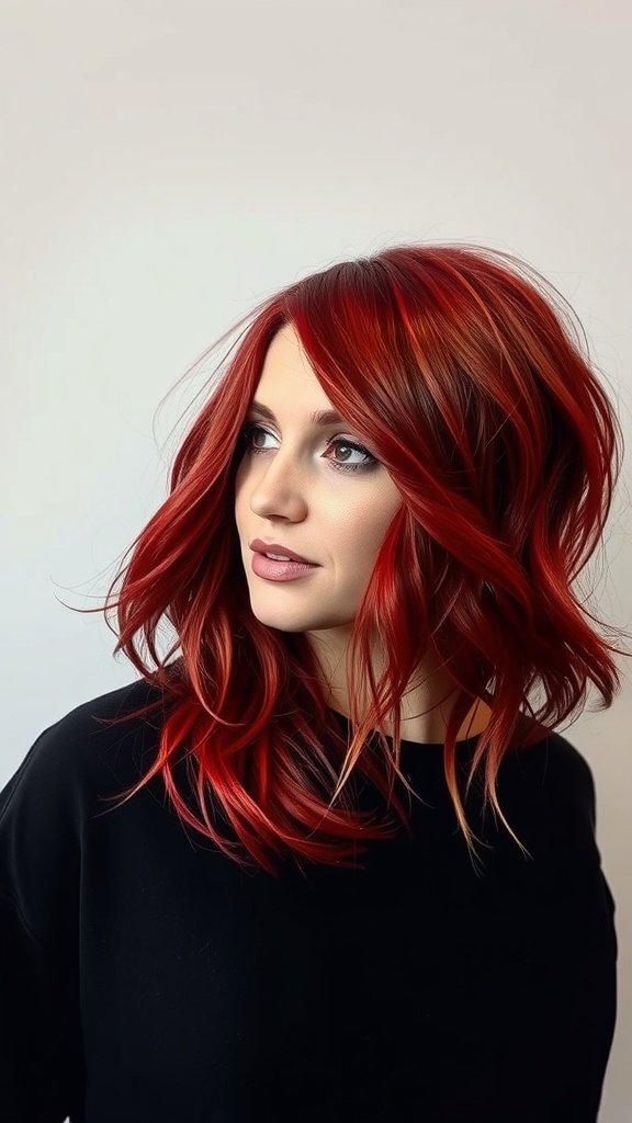 A woman with dynamic red shag haircut featuring chunky layers, looking stylish and confident.