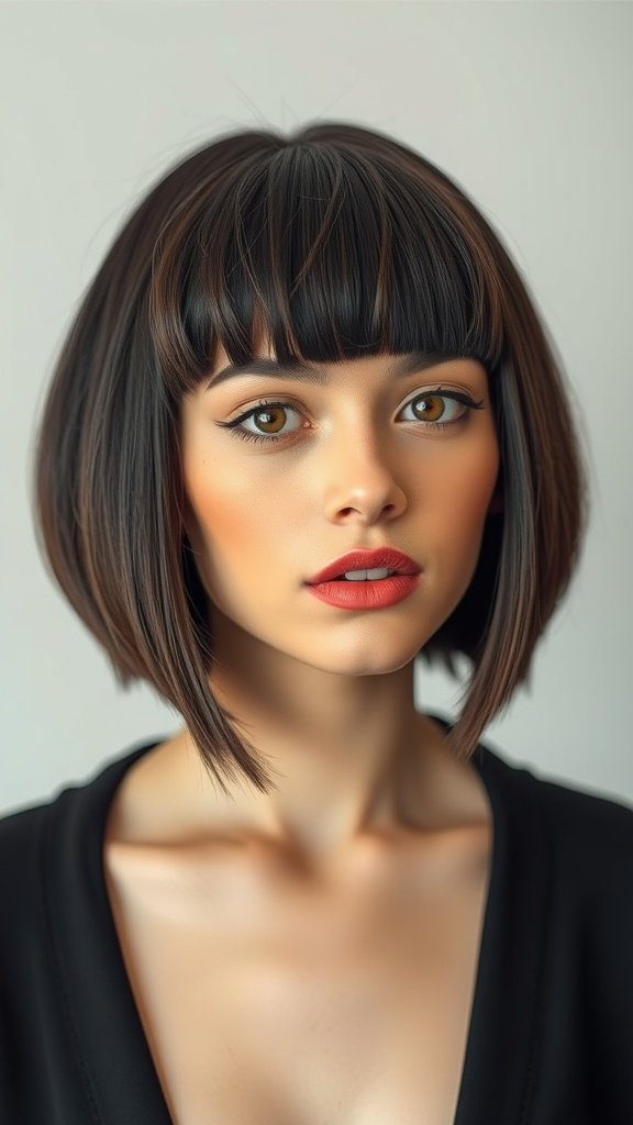 A woman with an edgy bob hairstyle featuring blunt bangs, showcasing a modern and stylish look.