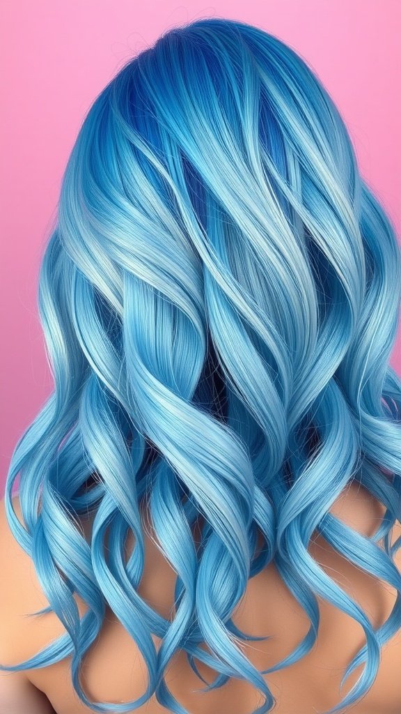 A beautiful transition from electric blue to sky blue hair color with soft curls.