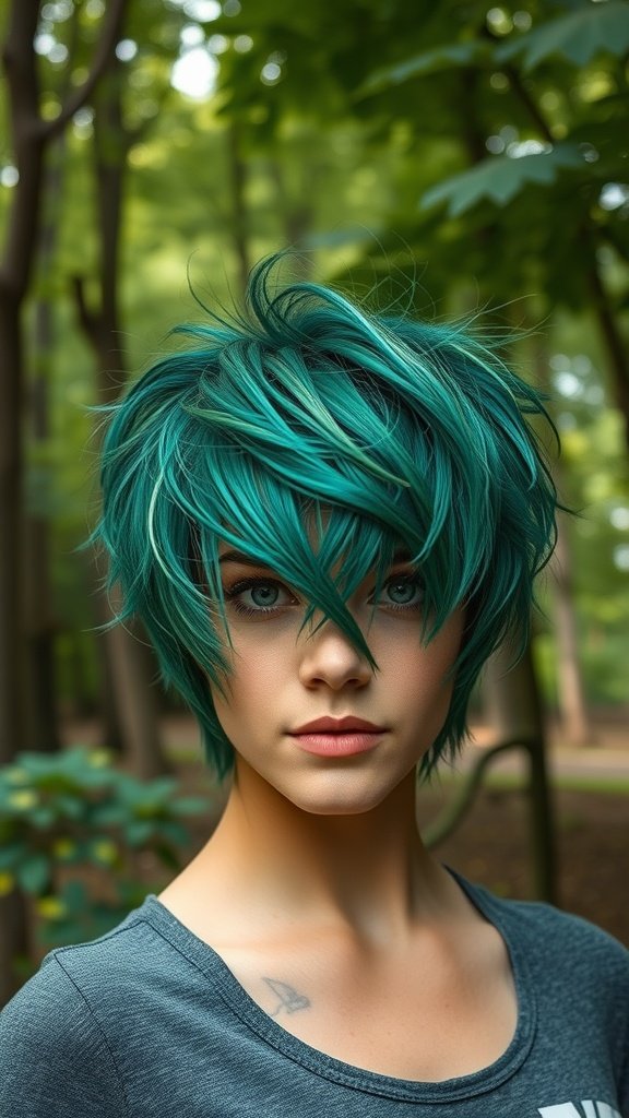 A person with a shaggy forest-green pixie cut in a natural setting