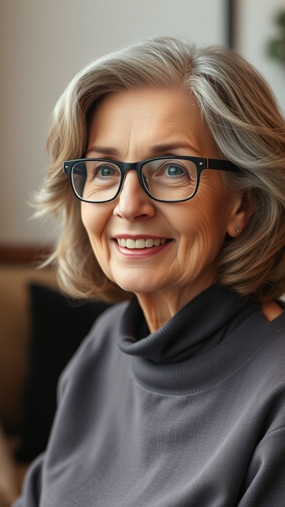 A smiling older woman with gentle waves and glasses, showcasing a stylish middle part hairstyle.