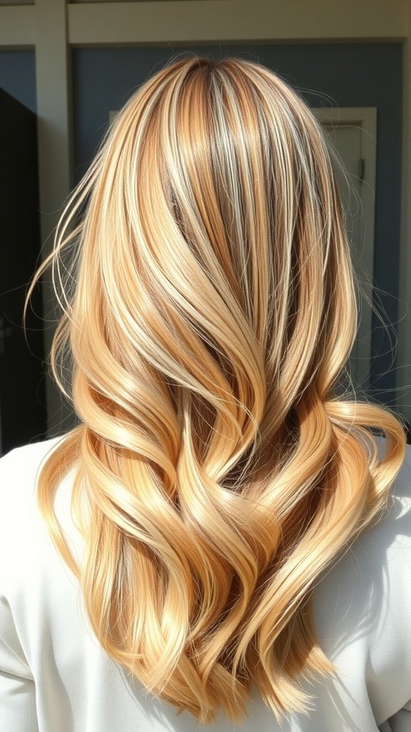 Back view of hair styled in golden blonde with champagne highlights, showcasing soft waves.