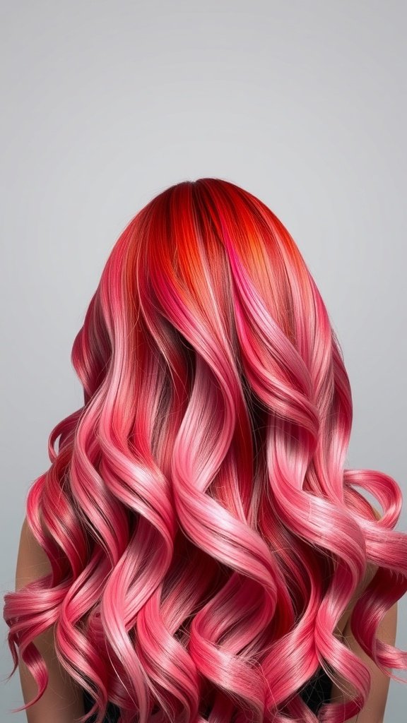 A hairstyle featuring a gradient from red roots to pink tips, styled in loose waves.