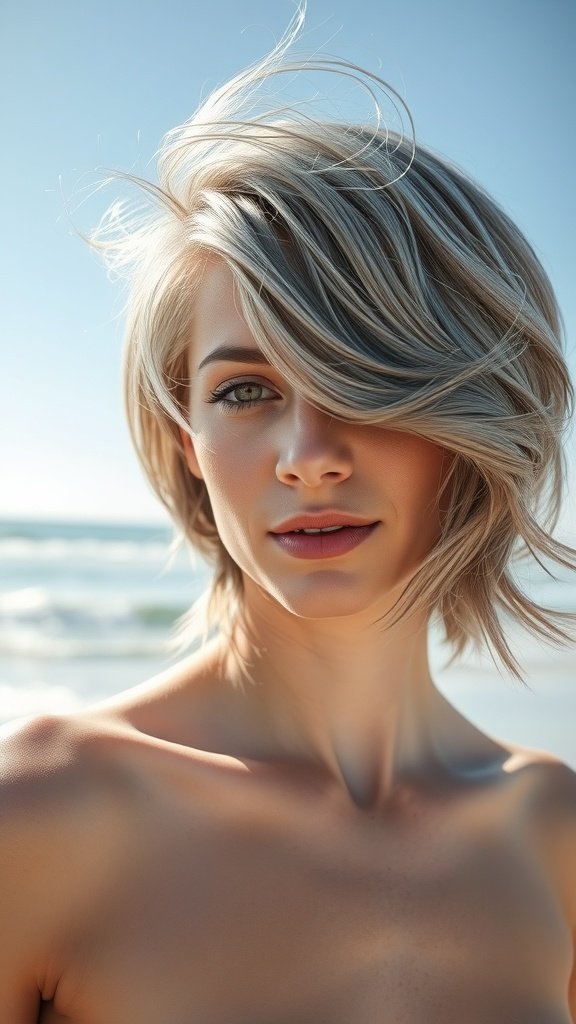 A woman with a gray lob hairstyle and beachy waves, smiling at the beach.