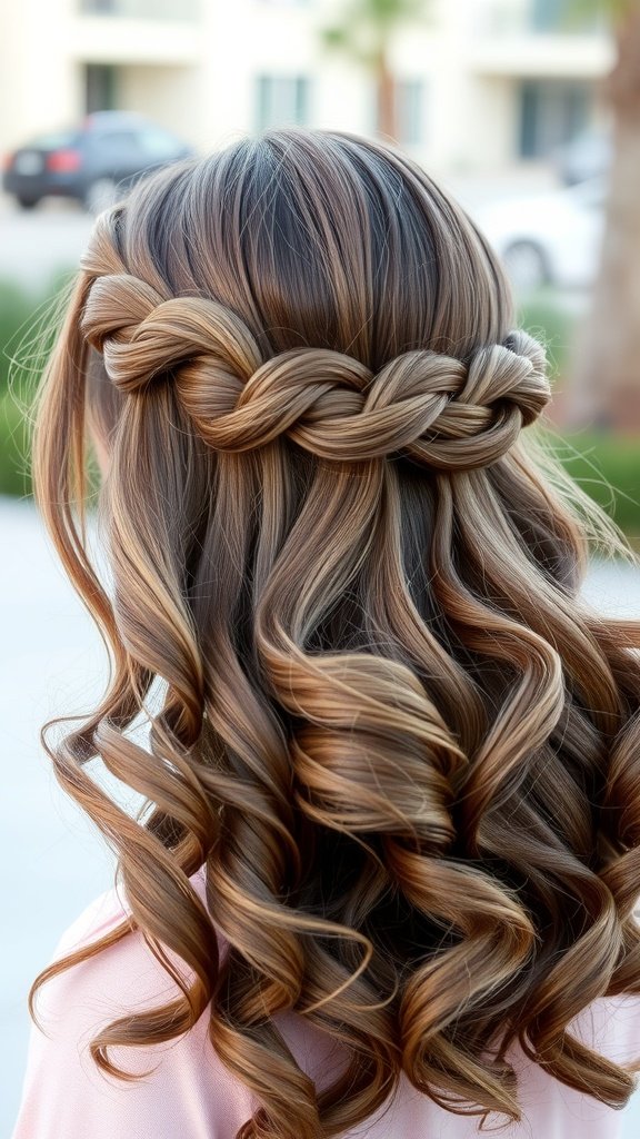 A woman with half-up curls and an infinity braid, showcasing a stylish hairstyle.