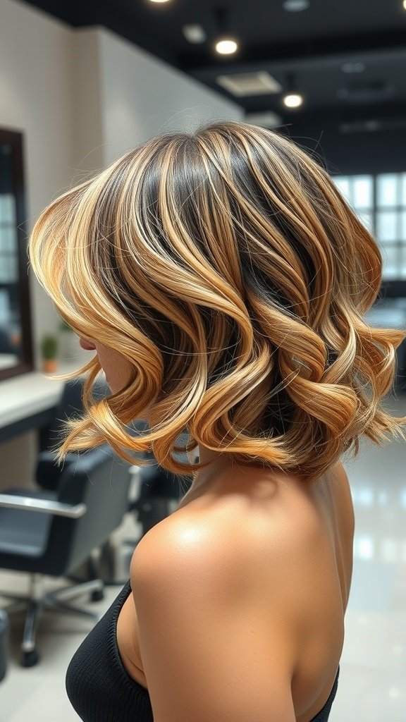 A woman with a glamorous wave perm on a bob hairstyle, featuring golden highlights.
