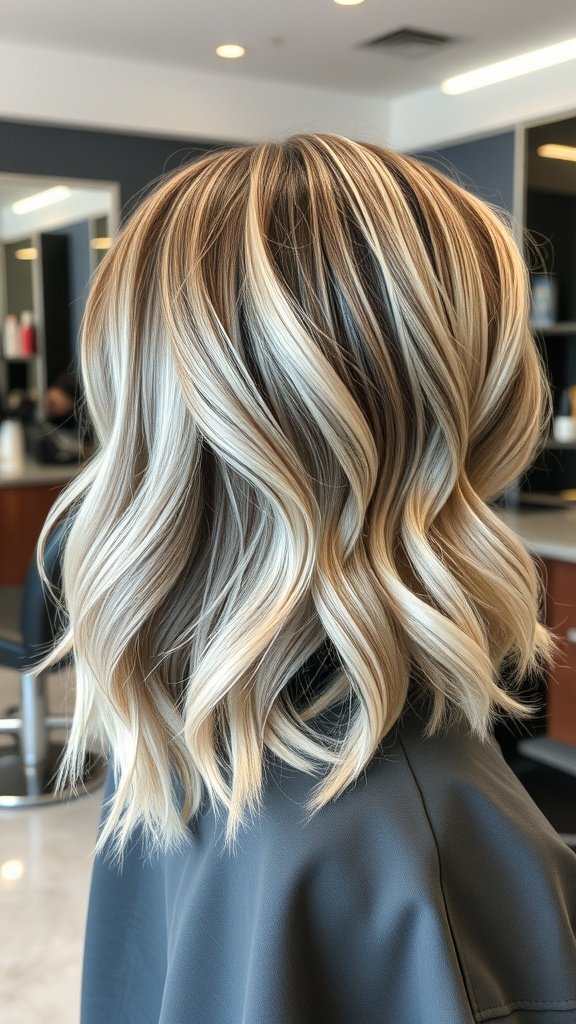 Ice-blonde lob haircut with dark roots, showcasing soft waves and a stylish look.