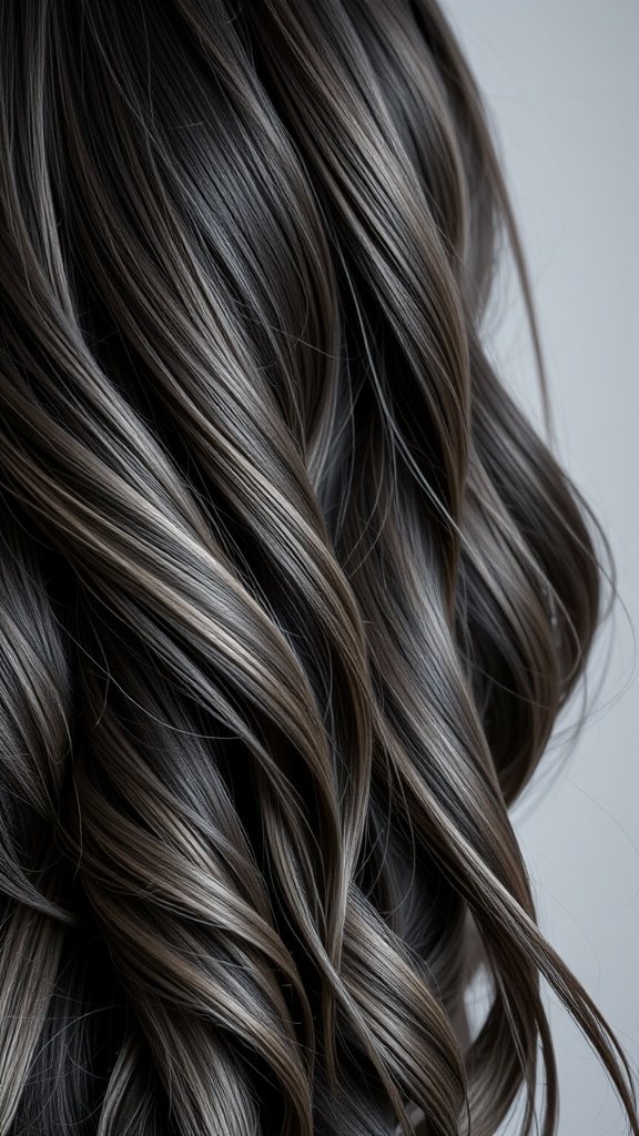 Dark hair with iron gray accents styled in waves