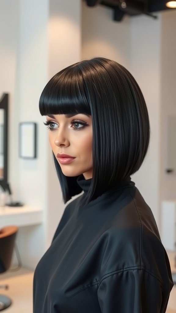 A woman with a jet-black box bob hairstyle featuring sharp angles, styled in a modern salon.