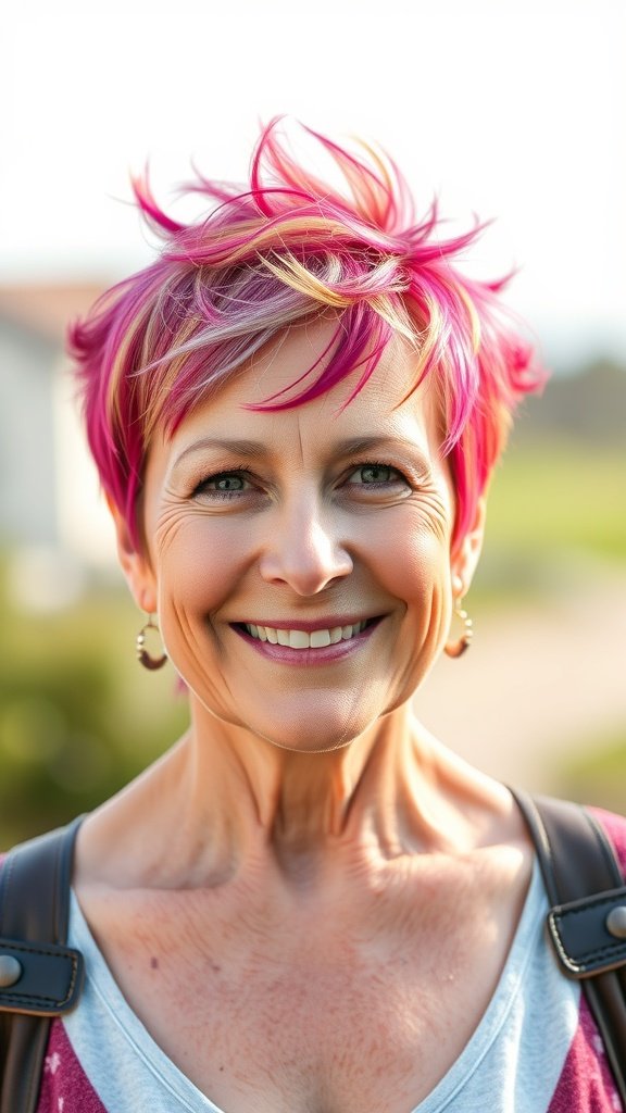 A smiling woman with a layered pixie hairstyle featuring a spiky crown and vibrant pink highlights.