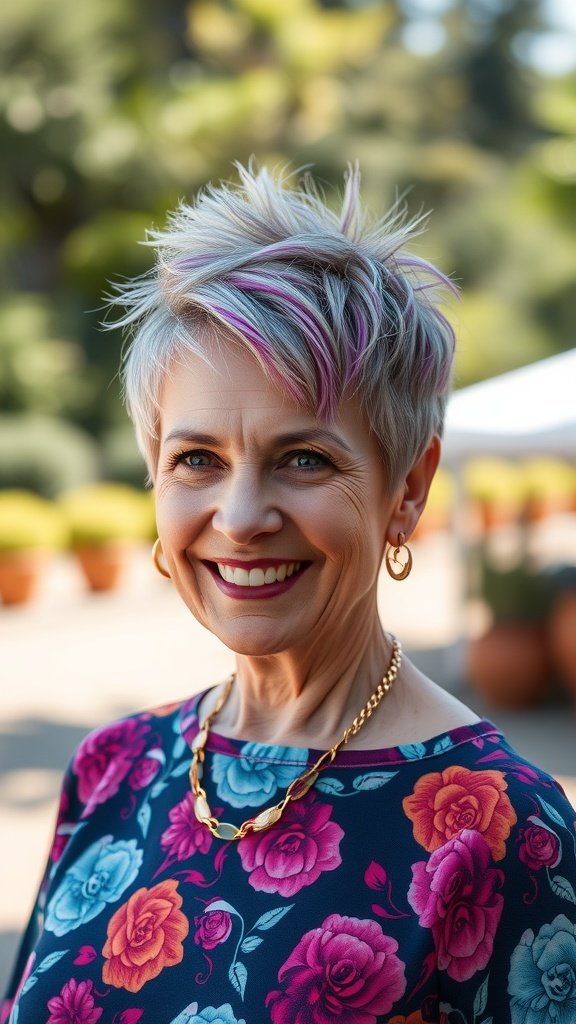 A woman with a layered pixie hairstyle featuring a spiky crown, smiling confidently.