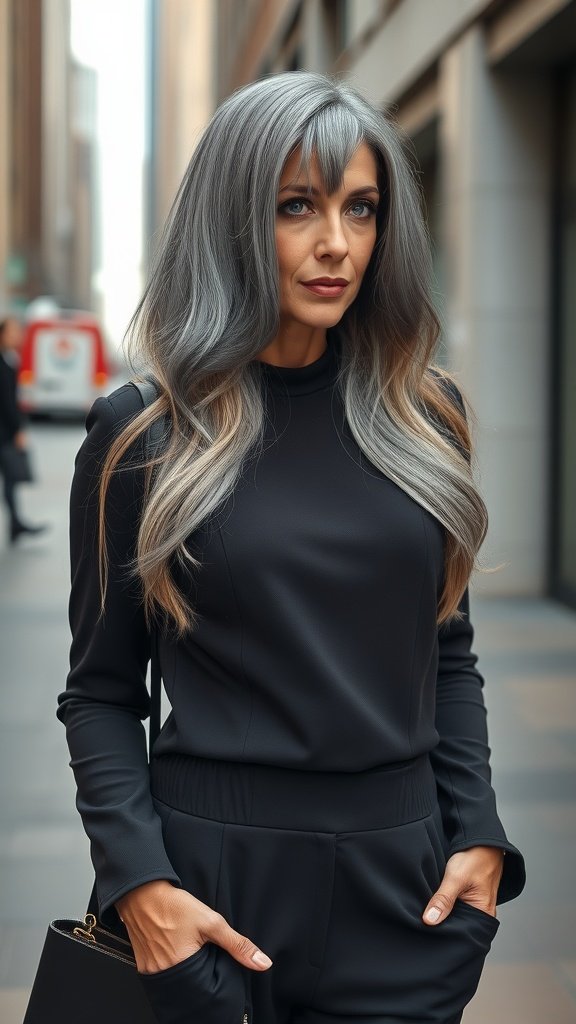 A woman with long, layered gray hair styled with a center part, wearing a black outfit, standing in an urban setting.