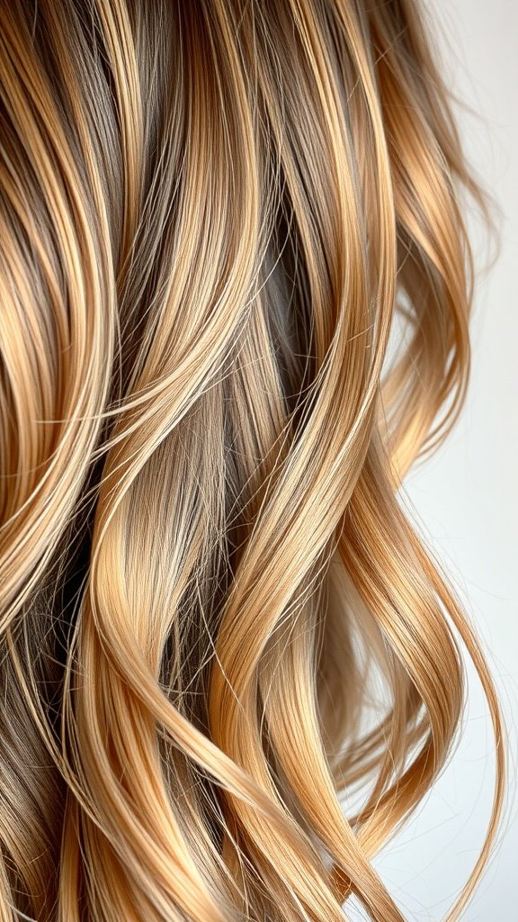 Close-up of light brown hair with pearl highlights, showcasing soft waves and shine.