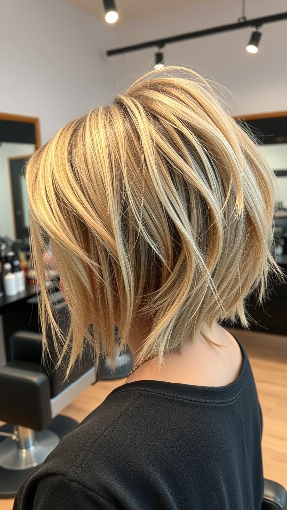 A messy blonde bob hairstyle with dark lowlights, showcasing a playful and trendy look.