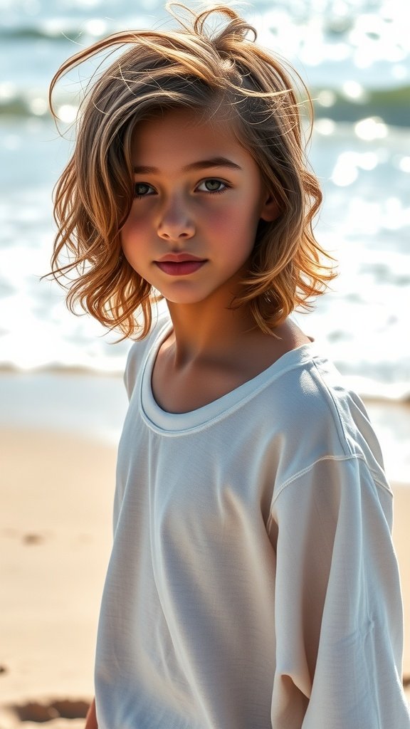 A young boy with mid-length beach waves standing on the beach, looking stylish and relaxed.
