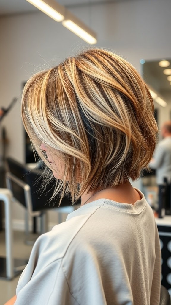 A stylish mid-length feathered haircut with highlights, showcasing volume and texture.