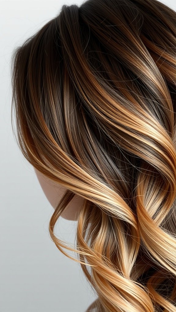 Midnight brown hair with sandy blonde tips styled in soft waves