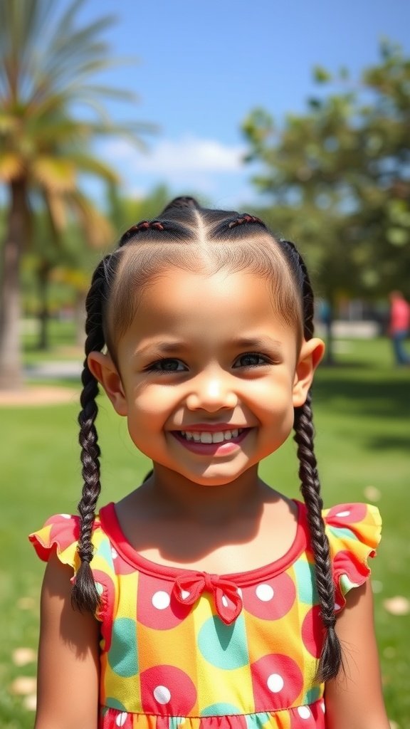 A little girl with a mini mohawk hairstyle and braided sides, smiling in a colorful dress.