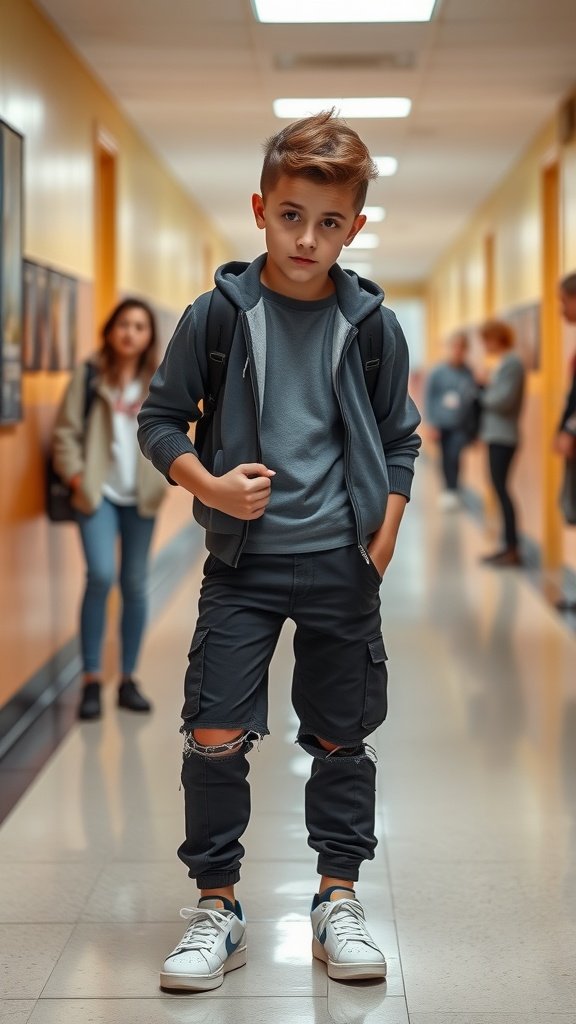 A young boy with a stylish mullet haircut, wearing a hoodie and joggers, standing in a school hallway.